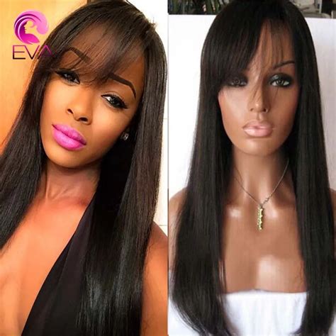 Brazilian Full Lace Wigs For Black Women African American Human Hair Wigs With Bangs Virgin Hair