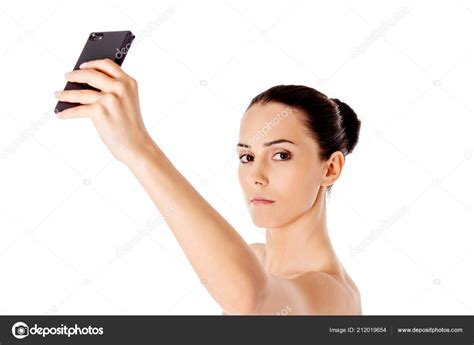 Nude Beautiful Woman Taking Selfie On White Background Stock Photo By