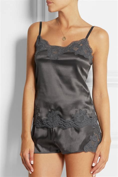 Lyst Dolce And Gabbana Lace Trimmed Stretch Silk Satin Camisole In Gray