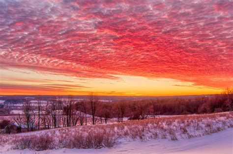 Beautiful Morning Winter Sunrise With Pink Clouds And Snow