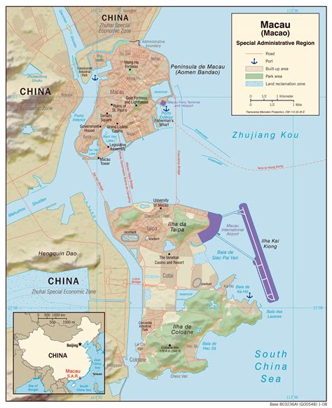 Large Detailed Political Map Of Macao With Relief Roads And Sea Ports
