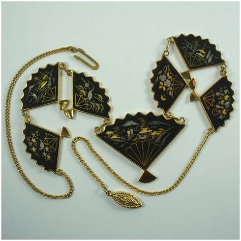 Vintage Amita Japanese Damascene Reversible Fan Necklace Fan Necklace