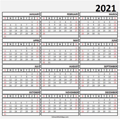 2021 Calendar A4 Size Template Calendar 2021 Year Printable 2021