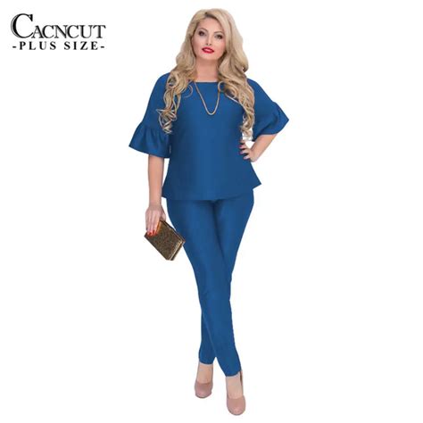 Cacncut Plus Size 2 Piece Sets Womens Clothing Topspants Summer Big Sizes Blue Women Suits