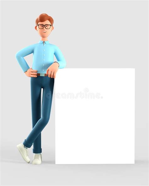 3d Illustration Of Standing Man Leaning On A Blank Presentation Board
