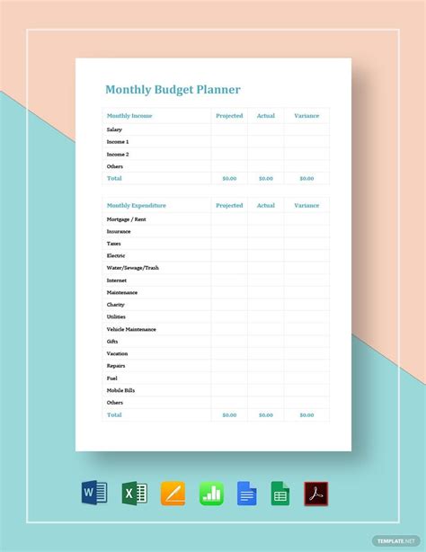 Simple Monthly Budget Planner Template In Google Docs Google Sheets Pages Numbers Pdf Word