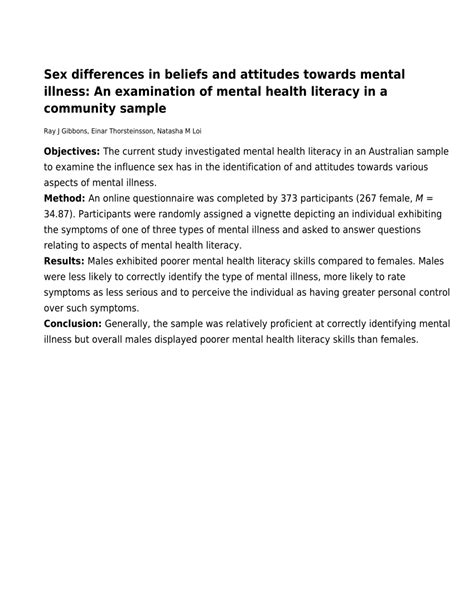 Pdf Sex Differences In Beliefs And Attitudes Towards Mental Illness An Examination Of Mental