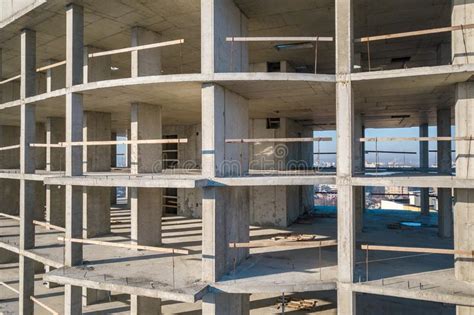 Aerial View Of Concrete Frame Of Tall Apartment Building Under