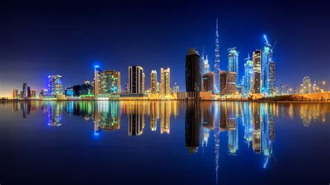 Hd Wallpaper Dubai City Lights 8k Uae Downtown Water United Arab