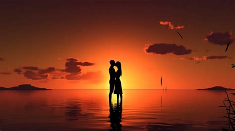 Romantic Couple Silhouette Sunset A Kissing In 3d Against An Ocean Landscape Backgrounds 