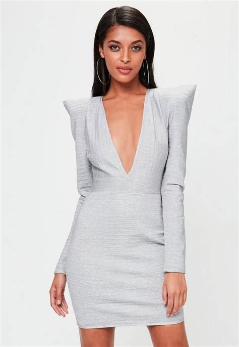 Grey Bodycon Dress Featuring Bandage Fabric Plunge V Neckline Long