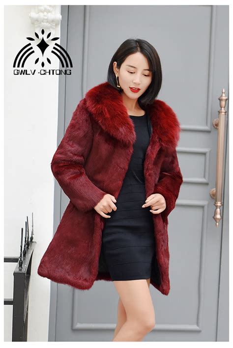 100 real genuine natural full pelt rabbit fur coat with fox fur collar women fashion jacket