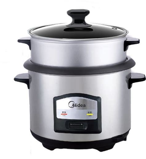 On the front side of the attractive stainless steel container is a with that initiates the cooking process. Midea 1.5 Liter Rice Cooker - MGTH457A | Souq - UAE