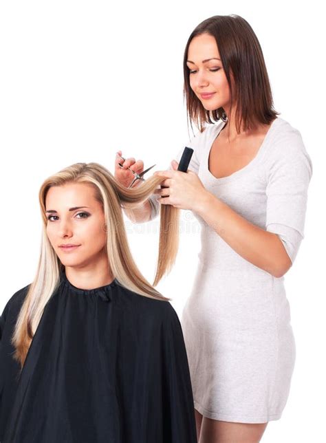 Hairdresser Cutting Hair On White Stock Image Image Of Barber Happy 69825581