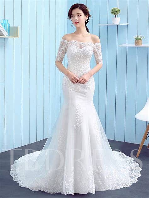 Off The Shoulder Appliques Wedding Dress With Half Sleeve