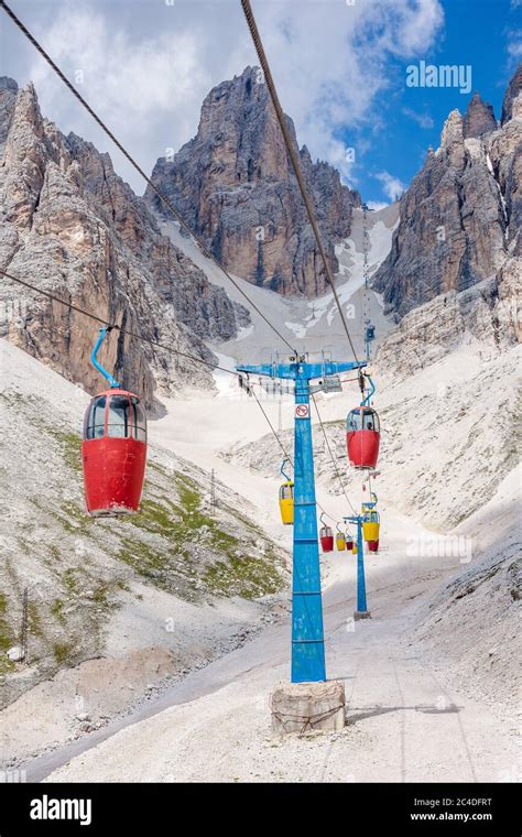 Colorful Cable Car Leading To Forcella Staunies In The Mount Cristallo
