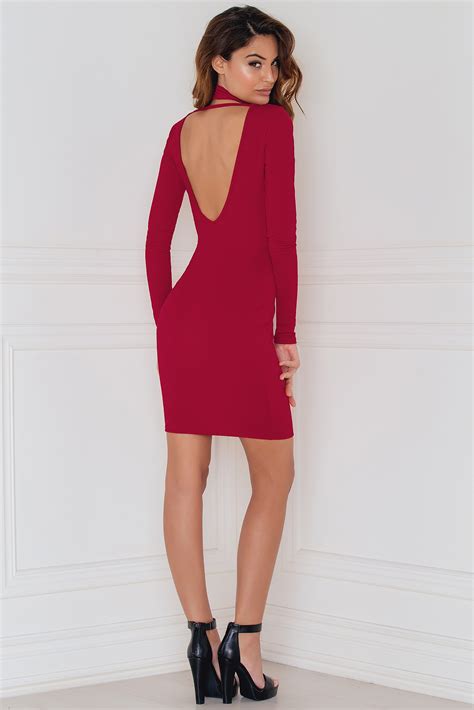 Deep Plunge Neck Detail Bodycon Dress Red Na Kd