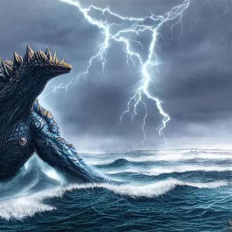 A Massive Kaiju Monster Emerging From A Stormy Ocean Stable