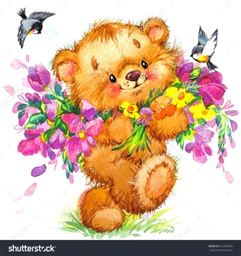 Teddy Bear And Flower Background Watercolor Art Стоковые фотографии