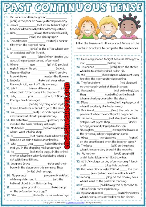 The Past Continuous Tense Worksheet Is Shown In Red And Blue With An