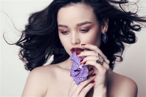 beautiful sensual woman with dark hair and bright makeup stock image image of bijou details