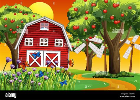 Farm Scene With Red Barn And Windmill Illustration Stock Vector Image