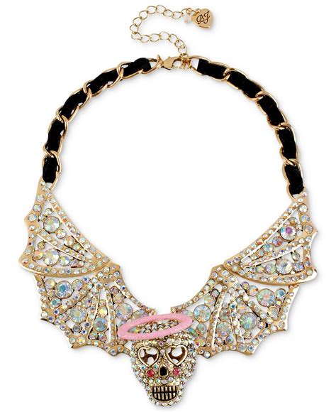 betsey johnson necklace antique gold tone colorful crystal skull and wings frontal necklace