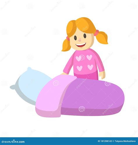 Cute Smiling Little Girl Going To Bed To Sleep Flat Vector