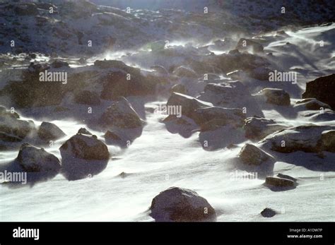 Boulders In Snow Blizzard On Steep Slope Of Mountain Glacier At Gran Paradiso Italy Alps Stock