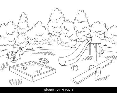 Spielplatz Grafik schwarz weiß Landschaft Skizze Illustration Vektor