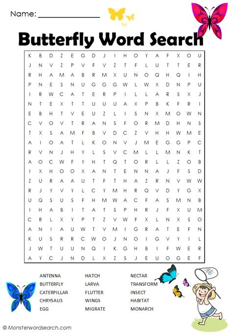Butterfly Word Search Monster Word Search