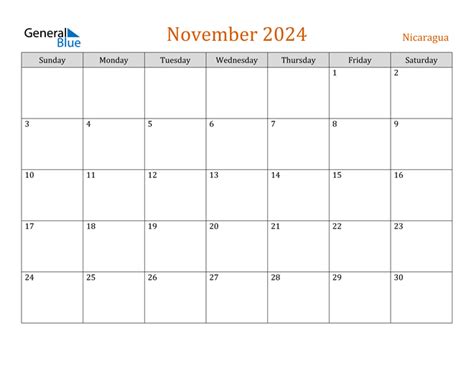 Nicaragua November 2024 Calendar With Holidays