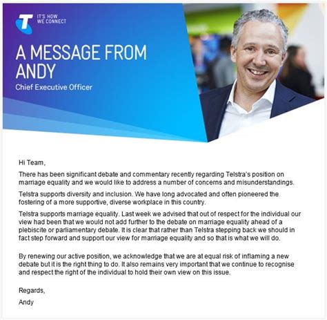 telstra ceo andy penn says telco was wrong not to stick with support for same sex marriage