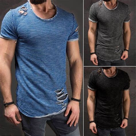 Ripped Men Tee Shirt Slim Fit O Neck Short Sleeve Muscle Casual Tops T