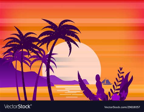 Sunset Beach Palm Trees Silhouettes Summertime Vector Image