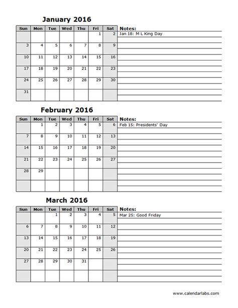 2016 three month calendar template 12l free printable templates