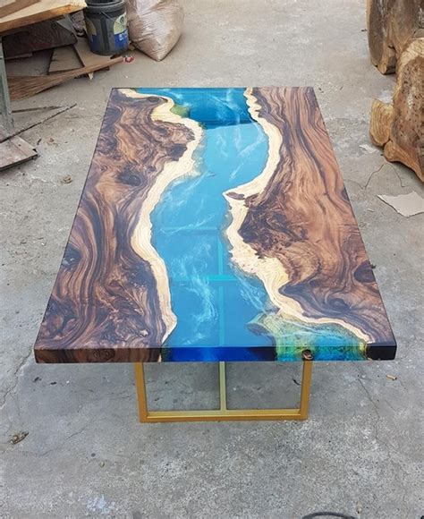 Customizable Blue River Table Epoxy Inlay Senna Siamea Wood Table Woodify Usa