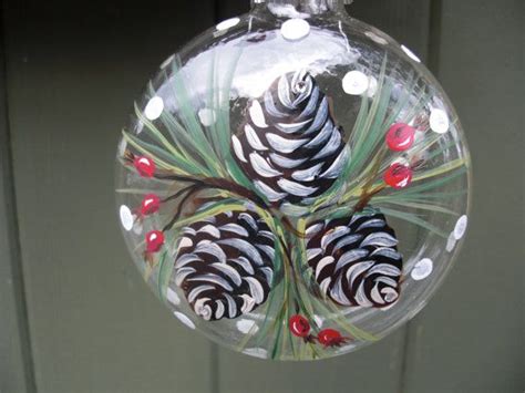 Hand Painted Glass Ornament With Berries And Pinecones Ornamenti Di