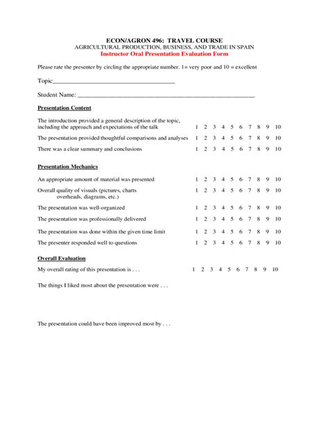 Oral Presentation Evaluation Form Templates Fillable