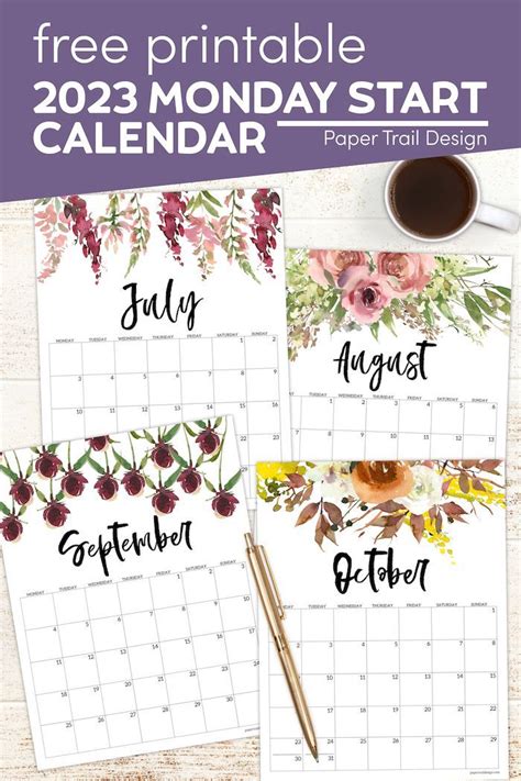 Free Printable 2023 Floral Calendar Monday Start Paper Trail Design Images