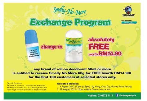 Learn about these and how to reduce the odor here. BestLah: Watsons - FREE Total Image Smelly-No-More Deodorant