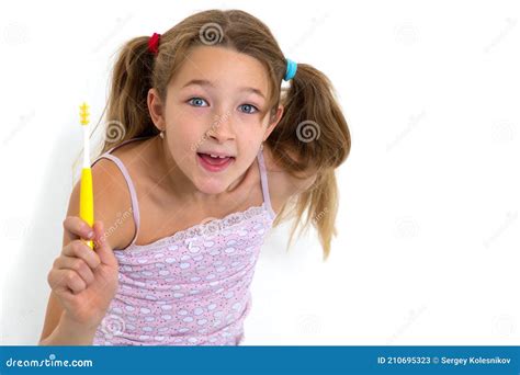 Smiling Girl Standing With Toothbrush Stock Image Image Of Human Girl 210695323