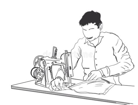 Man Working On Old Retro Sewing Machine Vector Image Sketch Drawing Of