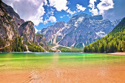 Lago Di Braies Turquoise Water And Dolomites Alps View