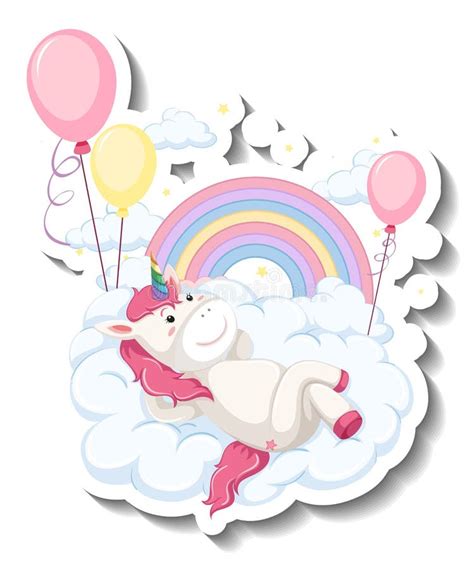 Cute Unicorn Laying On The Cloud Cartoon Sticker Stock Vector