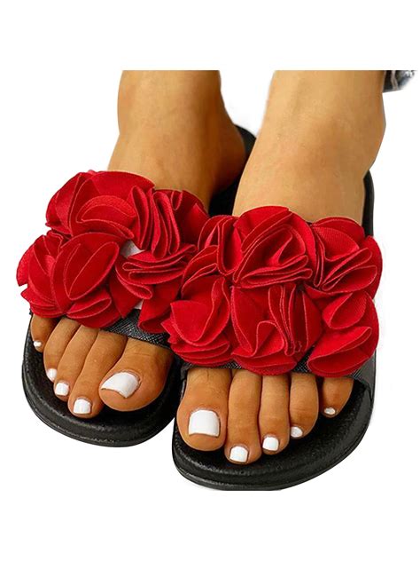 Wodstyle Womens Slip On Sandals Flat Flower Sliders Slippers Comfy