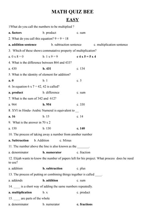 Math Quiz Be For Elementary Students By Secondary Teacher Math Quiz
