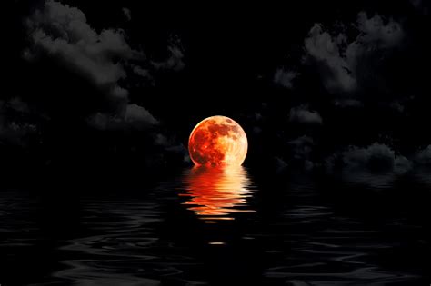 Dark Red Full Moon In Cloud With Water Reflection Stock Photo