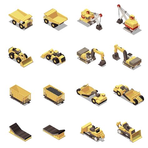 Free Vector Mining Machinery Isometric Icons Set With Dump Trucks