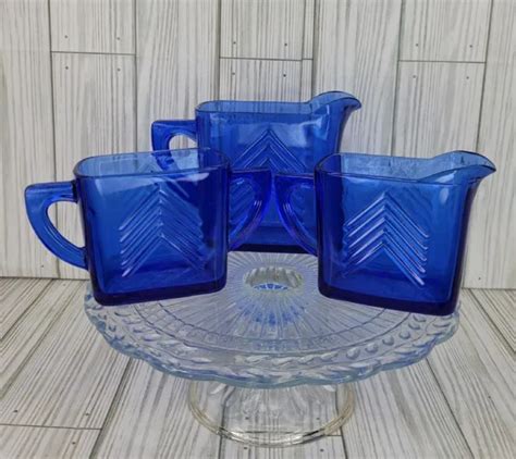 Vtg Hazel Atlas Cobalt Blue Depression Glass Chevron Sugar Creamer